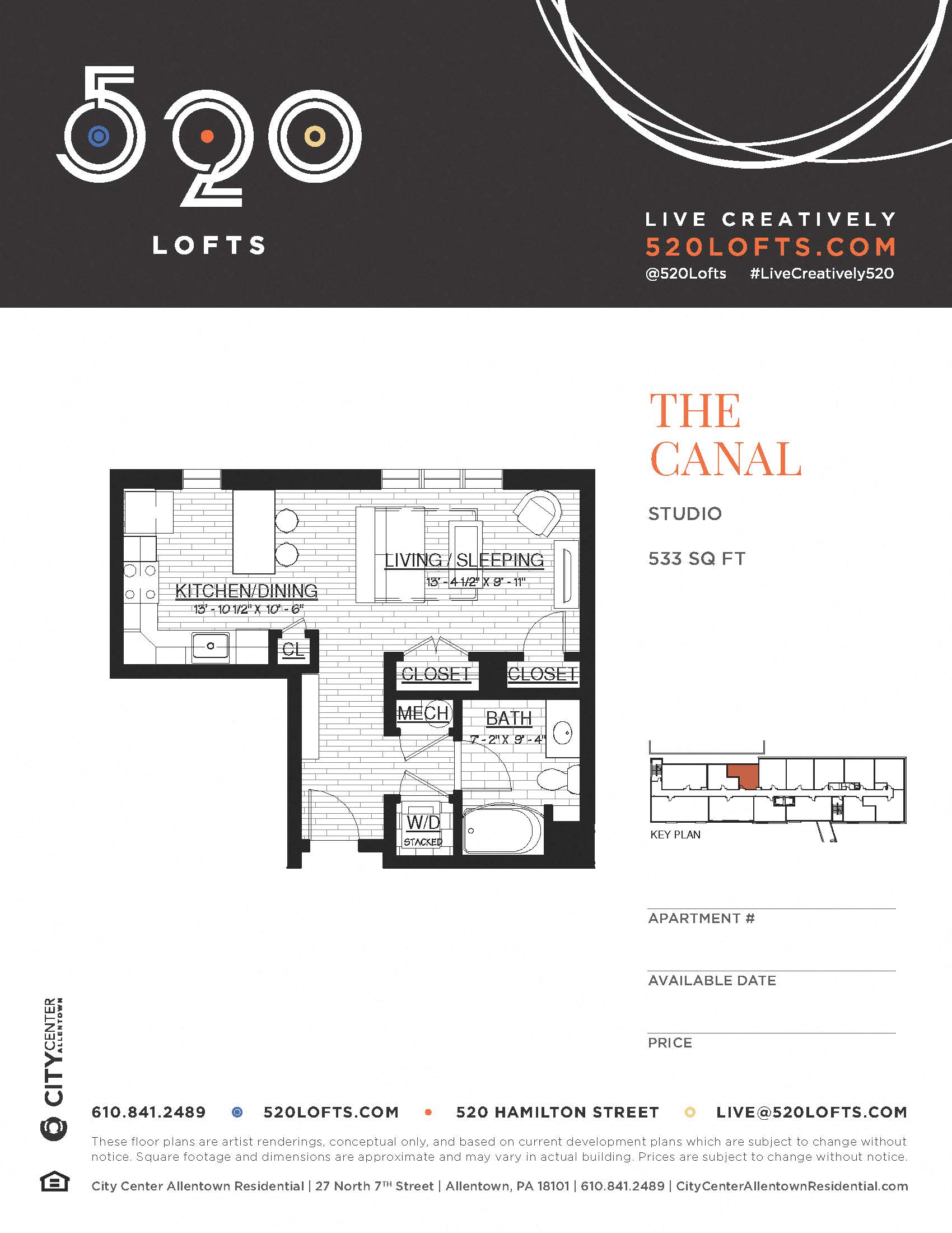 Floor plan for studio, 1 bath, 533 sqft